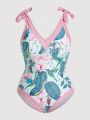 SHEIN Swim Vcay Plus Size Tropical Print One Piece Swimsuit With Knot Shoulder Design