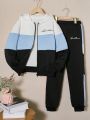 SHEIN Older Girls' Contrasting Letter Print Hooded Sweatshirt And Sweatpants Thermal Lined Casual Two-Piece Set