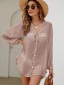 SHEIN Swim Basics 1pc Rolled Sleeve Button Up Kimono Carnival