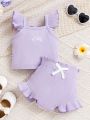 SHEIN 2pcs/Set Baby Girls' Casual Home Daily Wear Letter Embroidered Top And Solid Color Shorts Set