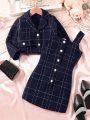 SHEIN Kids Nujoom 2pcs/set Girls' Little Jacket And Dress Sleeve Long, Perfect For Parties In Autumn