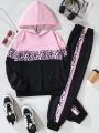 SHEIN Kids Nujoom Tween Girls' Leopard Splice Fashionable Hoodie & Sweatpants Two Piece Outfit