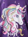 SHEIN Tween Girl Unicorn Print Drop Shoulder Two Tone Varsity Jacket