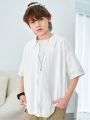 SHEIN Kids KDOMO Tween Boys' Casual Korean Style Turn-Down Knitted Jacquard Open-Front Loose Short Sleeve Shirt