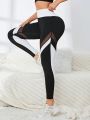 Colorblock Mesh Insert Wideband Waist Sports Leggings