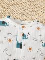 SHEIN 2pcs/Set Infant Boys' Romper And Fisherman Hat With Cartoon Elephant, Cloud, Sun And Leaf Print For Spring/Summer Daily Wear