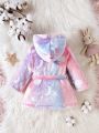 Baby Girl Ombre Moon & Star Pattern Hooded Belted Flannel Coat