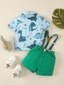 Baby Boy Cute Dinosaur Pattern Bow Tie Short-Sleeved Shirt + Suspender Shorts Set