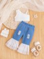 2pcs/Set Baby Girls' Butterfly Knot White Cami And Light Washed Ripped Double-Layers Tulle Denim Pants For Spring/Summer