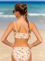 Teen Girl's Floral Print Bikini Set With Circular Rings Connection