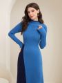 SHEIN Mulvari Color Block Half Turtleneck Long Sleeve Sweater Dress Without Belt