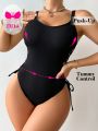 SHEIN DD+ Women'S Pure Color One Piece Swimsuit With Straps On Waist Side