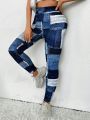 SHEIN Essnce Faux Denim Patchwork Printed Leggings