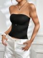 SHEIN EZwear Women's Summer Strapless Backless Crop Black Tops