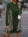 Contrast Leopard Print Thermal Lined Sweatshirt Dress