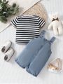 Baby Boy Striped Round Neck Short Sleeve Top And Water-Washed Denim Overalls With Pockets Set