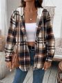 SHEIN LUNE Plaid Hooded Button Front Shirt