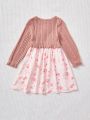 SHEIN Kids CHARMNG Little Girls' Knitted Pure Color Round Neck Spliced Jacquard Floral Hemline Fake Two Piece Dress