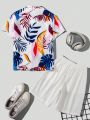 SHEIN Male Teenagers Casual Resort Style Printed Pattern Short-Sleeved Shirt And Solid Color Woven Shorts Set