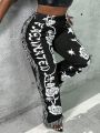 SHEIN Slayr Women's Floral Alphabet Printed Fringe Pants