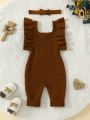 Baby Girls' Cute Romantic Casual Sweater Bodysuit With Ruffle Decoration And Attached Pants Crawling Suit