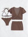 SHEIN Swim SXY Solid Color Triangle Cup Bikini Swimwear Set + Circular Ring Decor Cover Up Set