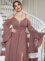 Plus Cold Shoulder Flounce Sleeve Ruched Split Thigh Bridesmaid Dress