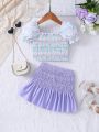 Baby Girl Plaid Cross Wrap Top And Purple Skirt Set