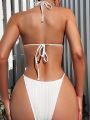 SHEIN Swim Chicsea Solid Color Pearl Detail Halter Neck Two-piece Swimsuit