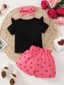 Baby Girl Cartoon Graphic Ruffle Trim Tee & Heart Print Bow Front Shorts & Headband