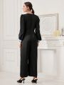 SHEIN Mulvari Glittery Lantern Sleeve Jumpsuit With Belt