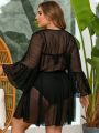 SHEIN Swim Vcay Plus Size Women'S Waist Tie Sheer Mesh Kimono