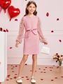 SHEIN Kids CHARMNG Girls' Knitted Patchwork Jacquard Mesh Bodycon Dress With Solid Color Round Neckline