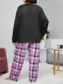 Plus Size Round Neck Long Sleeve T-Shirt And Plaid Pants Pajama Set