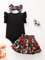 Baby Ruffle Trim Bodysuit & Floral Print Skirt With Headband