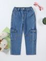 Little Girls' Trendy & Streetwear Style Sporty & Casual Straight Leg Jeans With Large Pockets