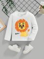 Baby Boy'S Casual Lion Cartoon & Letter Printed Round Neck Long Sleeve Top Suitable For Autumn