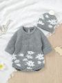 Infant Girls' Pattern Printed Drop Shoulder Sweater Romper With Hat