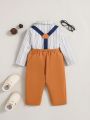 SHEIN Baby Boy Striped Bow Front Shirt & Suspender Pants