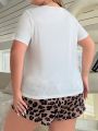 Plus Size Women's Letter & Leopard Print Short Sleeve And Shorts Homewear Set