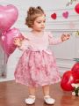 SHEIN Elegant Knit Patchwork 3d Flower Mesh Long Sleeve Belted Dress For Baby Girls