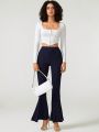 Cacao Bloom Solid Slit Hem Flare Leg Pants