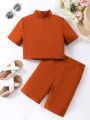 SHEIN Kids EVRYDAY 2pcs/Set Tween Girls' Stand Collar Short Sleeve T-Shirt And Basic Shorts Casual Outfit