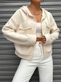 Women's Solid Color Drawstring Hooded Velour Jacket