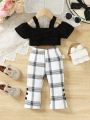 Baby Girl 2pcs/Set Cute Hollow Out Shoulder Short Sleeve Top And Checked Long Pants Outfit, Spring