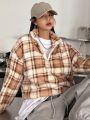 DAZY Women's Check Plaid Fleece Sweatshirt With Half-zipper Front