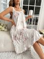 SHEIN Plants Print Contrast Lace Ruffle Hem Nightdress