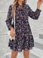 SHEIN LUNE Tie-Neckline Floral Print Lantern Sleeve Dress