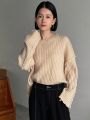 FRIFUL Women'S Round Neck Hollow Out Stripe Drop Shoulder Sweater