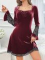 Ladies' Velvet Sleepwear Dress With Lace Splicing